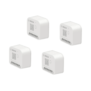 Vier weiße, kompakte Bosch Smart Home Licht-/Rollladensteuerungen im 4er-Pack.