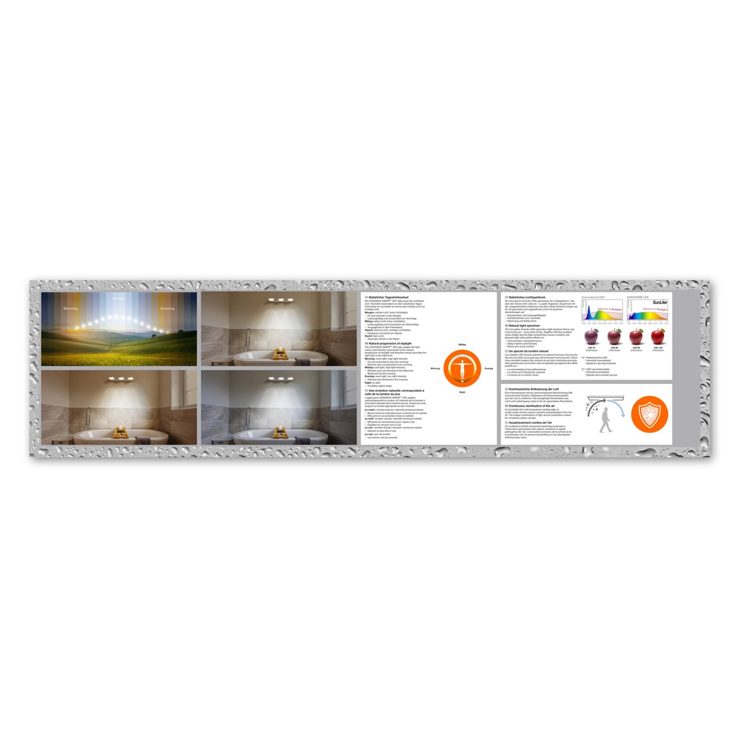 Produktbild der Ledvance Sun@Home Smart+ Badezimmerleuchte Silber Ø 45 cm mit Details und Anwendungsbeispielen.