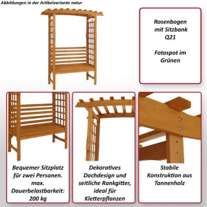Holz Rosenbogen mit Sitzbank und Rankgitter für Garten oder Terrasse.