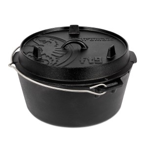 Schwarzer Petromax Dutch Oven FT9 mit Deckel und Bügelgriff, ideal zum Kochen und Backen im Freien.