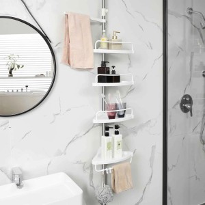 Songmics Duschregal mit 3 Haken, Handtuchhalter, 4 Ablagen, weiß-silber, im Badezimmer.