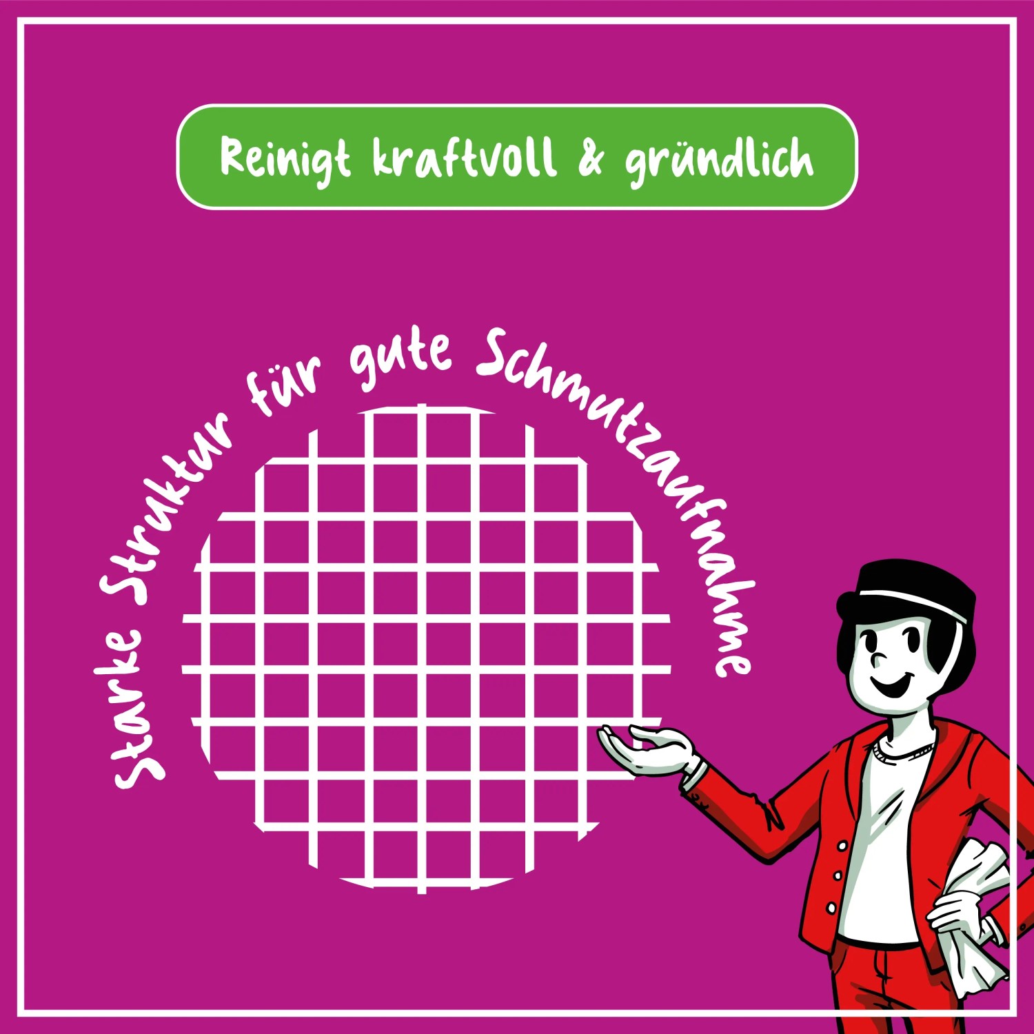 Grafik: Poliboy Feuchttücher für Fliesen mit starker Reinigungsstruktur für gute Schmutzaufnahme.