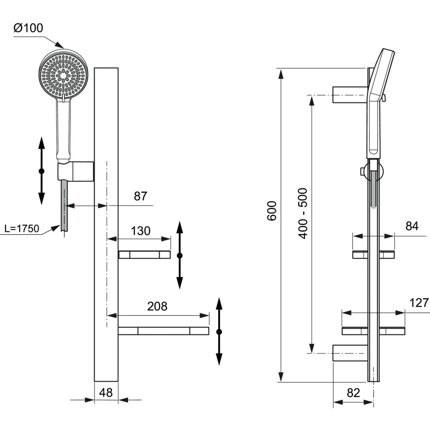Technische Zeichnung Ideal Standard Brausekombination Rosé mit Maßen und Details.