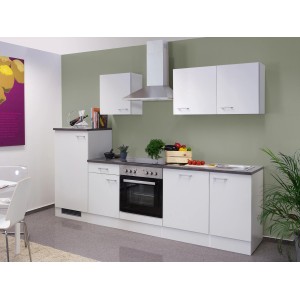 Weiße Flex-Well Küchenzeile Lucca 280 cm mit E-Geräten und grauer Arbeitsplatte.