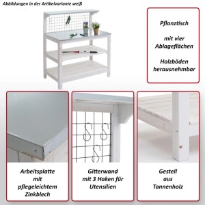 Weißer Pflanztisch mit verzinkter Arbeitsplatte, Gitterwand und Ablageflächen.