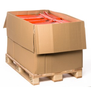 Karton mit mehreren orangefarbenen Bauschuttsäcken (40 l) auf einer Palette.