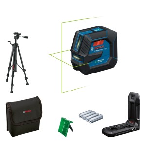 Bosch Professional GLL 20-22 G Linienlaser mit Stativ, Zubehör und grünen Laserlinien.