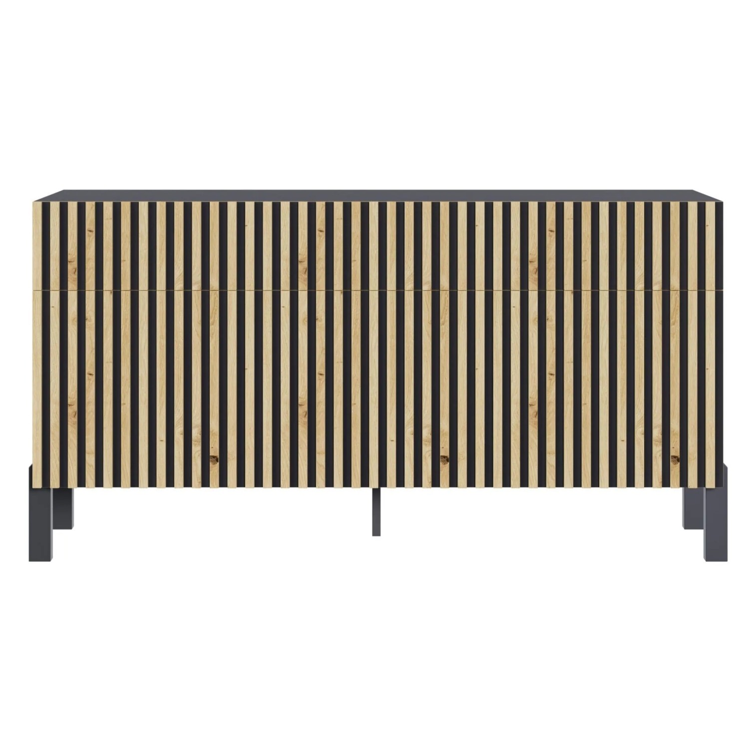 Selsey Sideboard Telire 154 cm mit schwarzer Lamellenfront und Artisan Eiche. Modernes Design mit 3 Türen und 3 Schubladen.