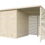 Palmako Gerätehaus Leif, naturbelassen, mit Doppeltür und offenem Unterstand aus Holz.