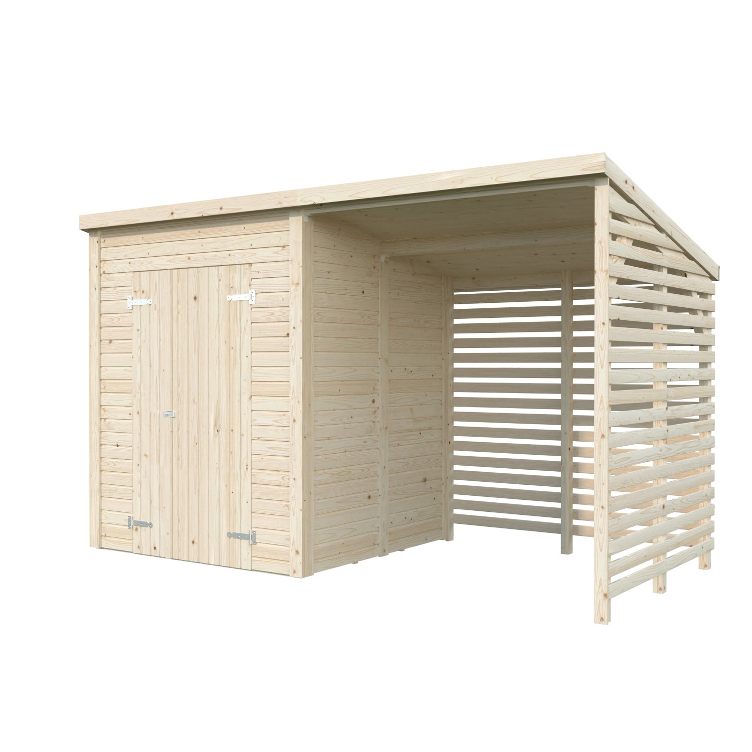 Palmako Gerätehaus Leif, naturbelassen, mit Doppeltür und offenem Unterstand aus Holz.