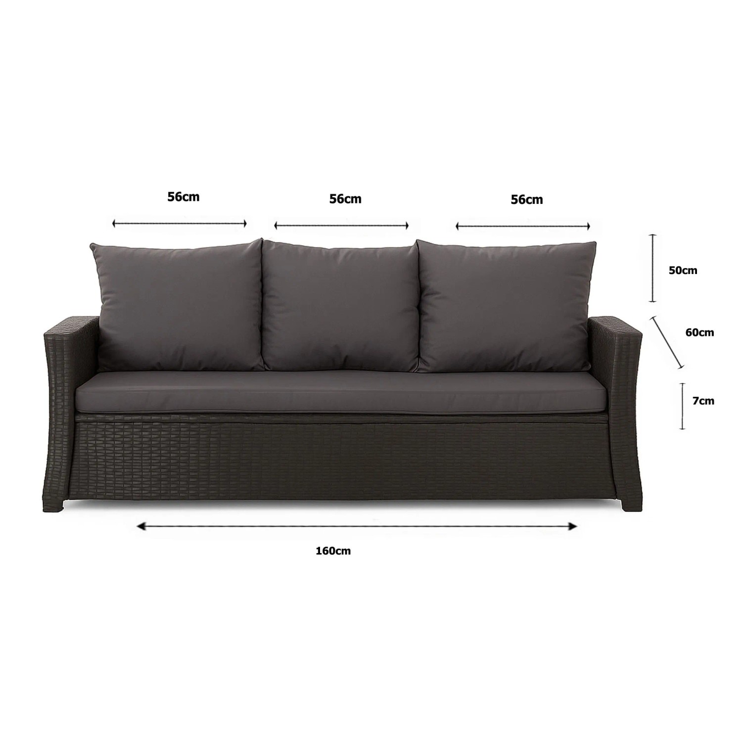 Schwarzes 3-Sitzer Gartensofa mit Kissen (160x60x50 cm) für Polyrattan Möbel.