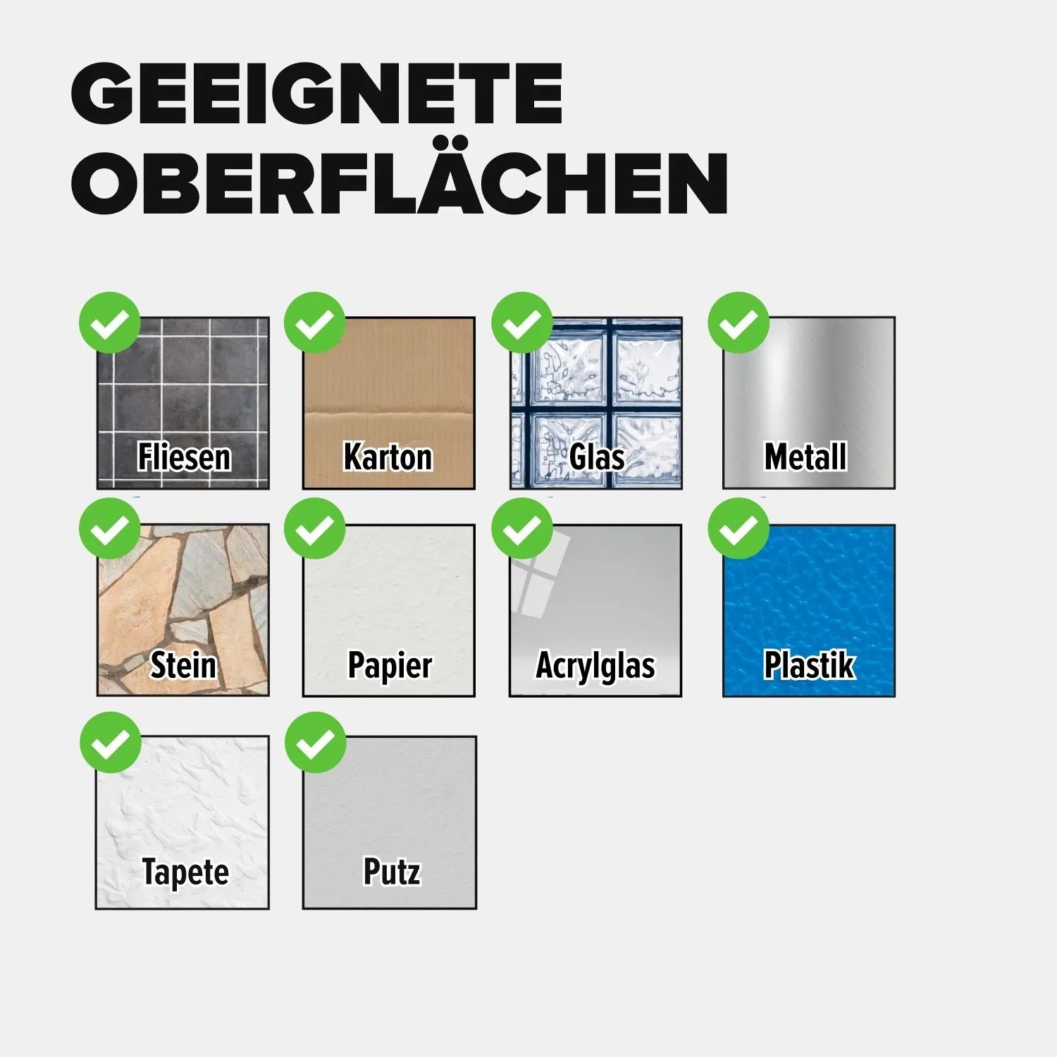 Geeignete Oberflächen für tesa Universal Doppelseitiges Klebeband: Fliesen, Karton, Glas, Metall, Stein, Papier, Plastik.