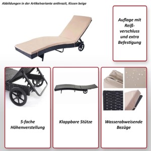 Sonnenliege MCW D80 grau mit beigen Kissen, 5-fach verstellbar und mit Rädern.