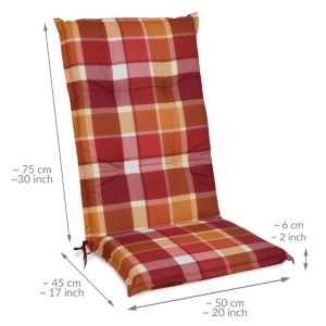 Beautissu Hochlehner-Auflage Sunny RO, 120x50x6cm, rot kariert. Gartenstuhl-Auflage mit Befestigungsschnüren.