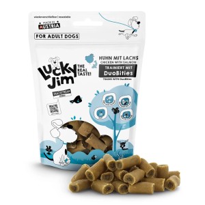Lucky Jim DuoBities Hunde-Snacks Huhn & Lachs, 70g Packung. Belohnungssnacks für Hunde.
