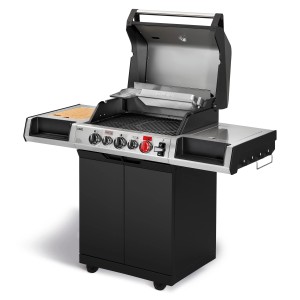 Enders Gasgrill Uniq 3 IK Cruster mit offenem Deckel, Seitenablagen und schwarzem Unterschrank.