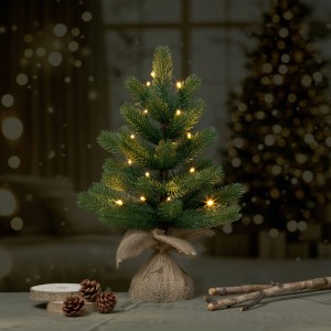 Grüne LED Kunsttanne Nagano, 45cm, mit warmweißen Lichtern und Jute-Sockel. Ideal als Weihnachtsbaum.