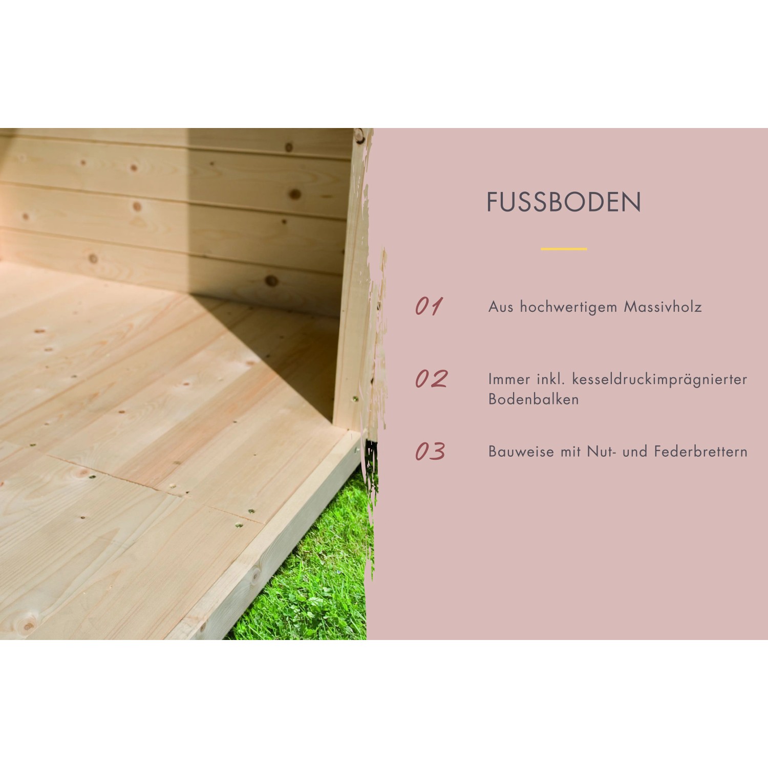 Detailaufnahme des Fussbodens vom Karibu Saunahaus Marten aus Massivholz mit Nut- und Federbrettern.