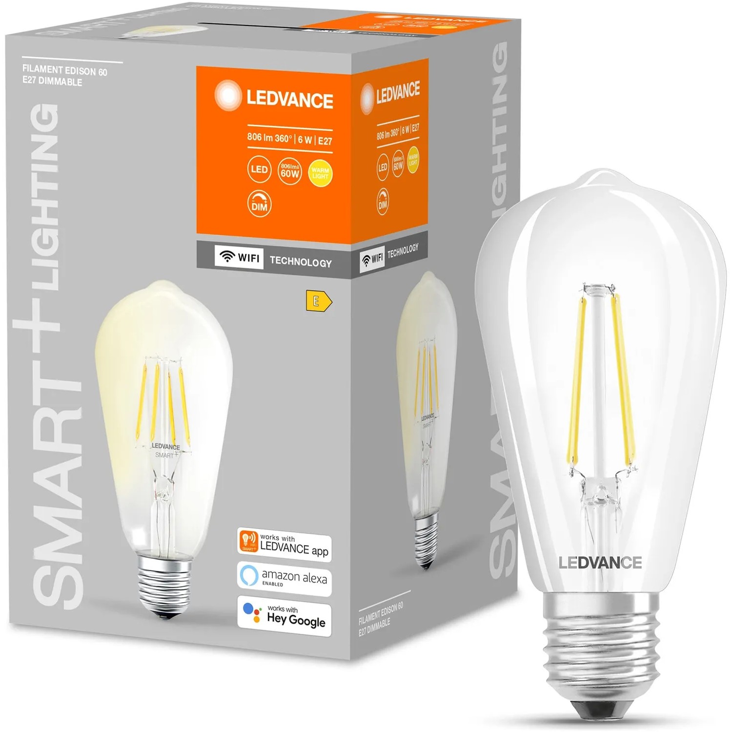 Ledvance Smart+ Filament Edison E27 Leuchtmittel, 6W, klare Edison-Form, dimmbar.