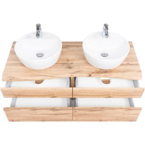 Held Möbel Doppelwaschtisch-Set Trient 120 cm, Wotaneiche mit Aufsatzbecken und Schubladen.