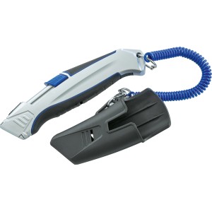 LUX Cuttermesser mit Tasche und blauem Spiralkabel. Messer mit silbernem Gehäuse und schwarzem Softgriff.