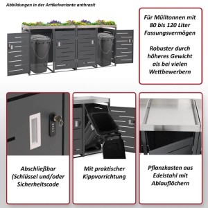 MCW 4er-Mülltonnenbox H40, anthrazit, mit Pflanzkasten und Kippvorrichtung für 80-120 Liter Tonnen.