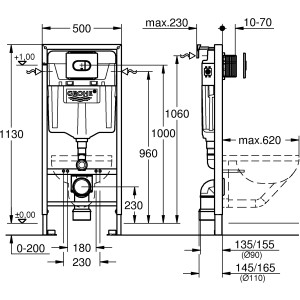 Technische Zeichnung Grohe QuickFix Vorwandelement Solido für WC mit Abdeckplatte Arena Cosmopolitan Chrom, Maße