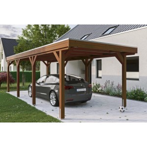Skan Holz Carport Grunewald Nussbaum mit EPDM-Dach und Auto. Einzelcarport aus Holz.
