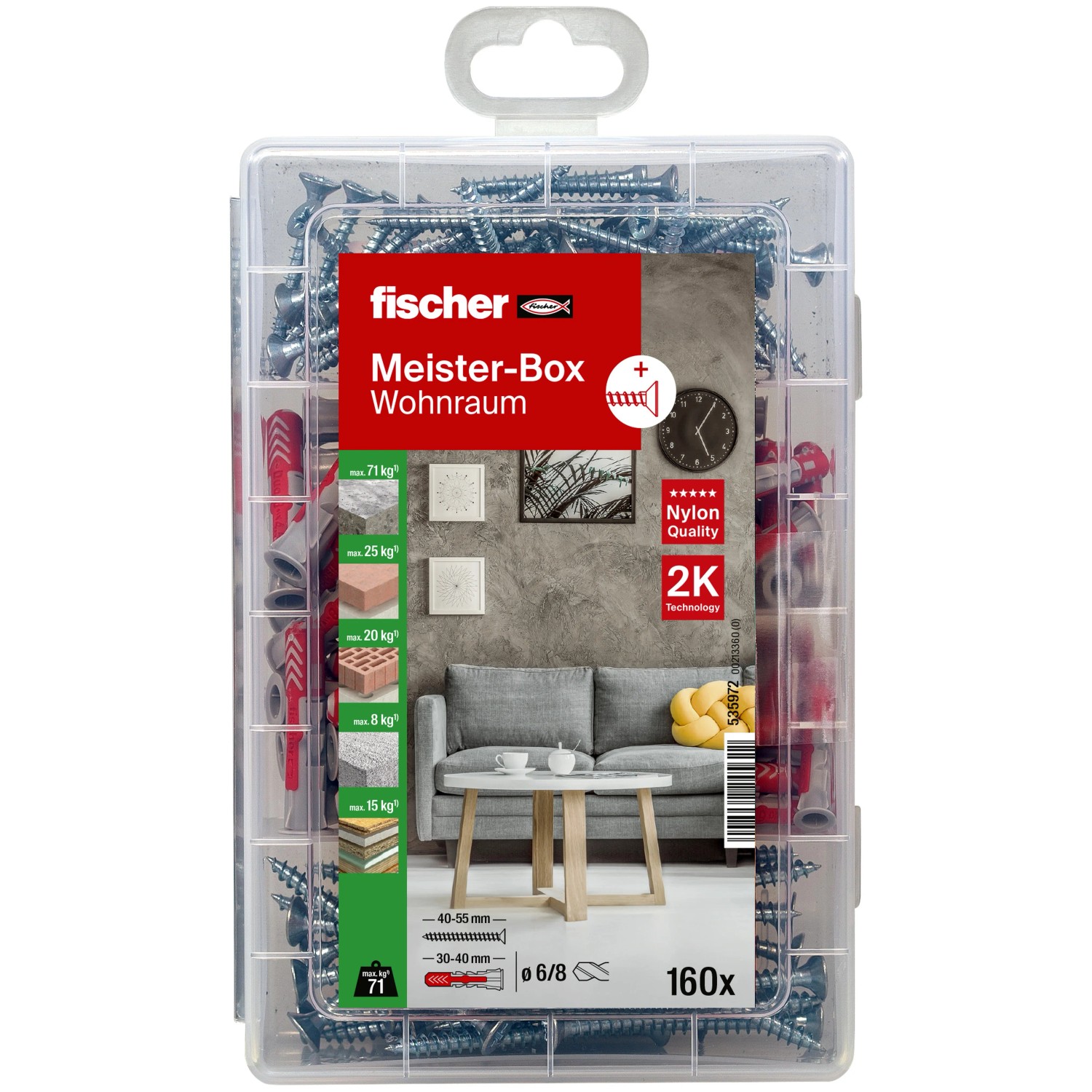 Fischer Meister-Box Wohnraum mit 160 Dübeln und Schrauben, sortiert in transparenter Kunststoffbox.