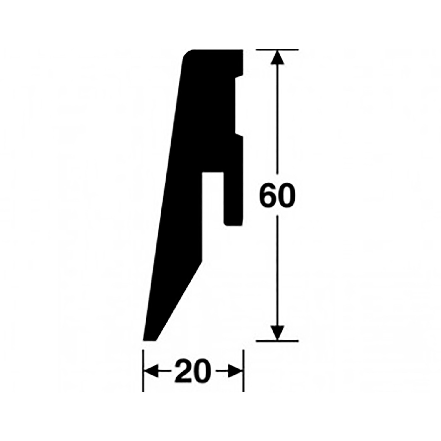 Profil der Eiche Sockelleiste, 60x20mm, zur Wandbefestigung mit Clips.