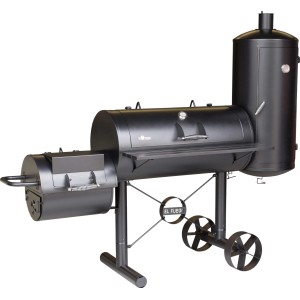Schwarzer El Fuego Smoker Holzkohlegrill Kiona mit Räucherturm, Frontablage und Rädern.
