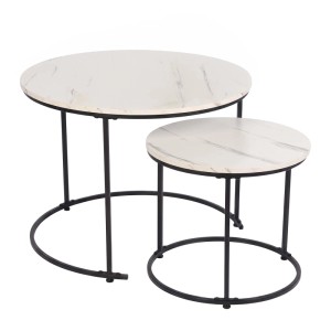 Relaxdays Satztisch 2er Set MDF Eisen Weiß Schwarz Rund Marmoroptik 45,5 cm x 60 cm 35,5 cm x 40 cm
