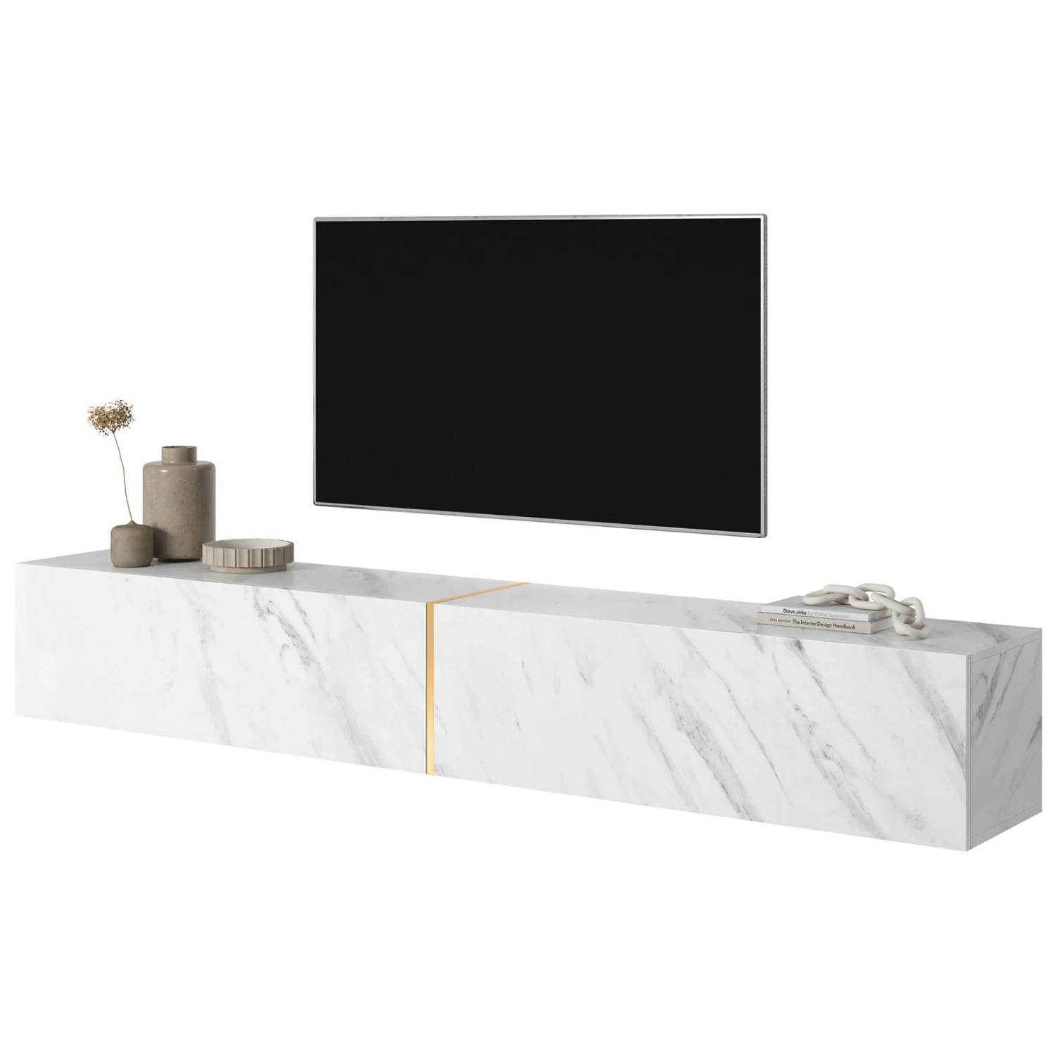 Selsey Bisira TV-Hängeboard in weißer Marmoroptik mit goldenem Einsatz. Modernes, griffloses TV-Möbel für Wandmontage.