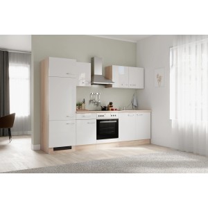 Moderne OBI Küchenzeile Valero, 270 cm, in Hochglanz Weiß und Sonoma Eiche mit E-Geräten.