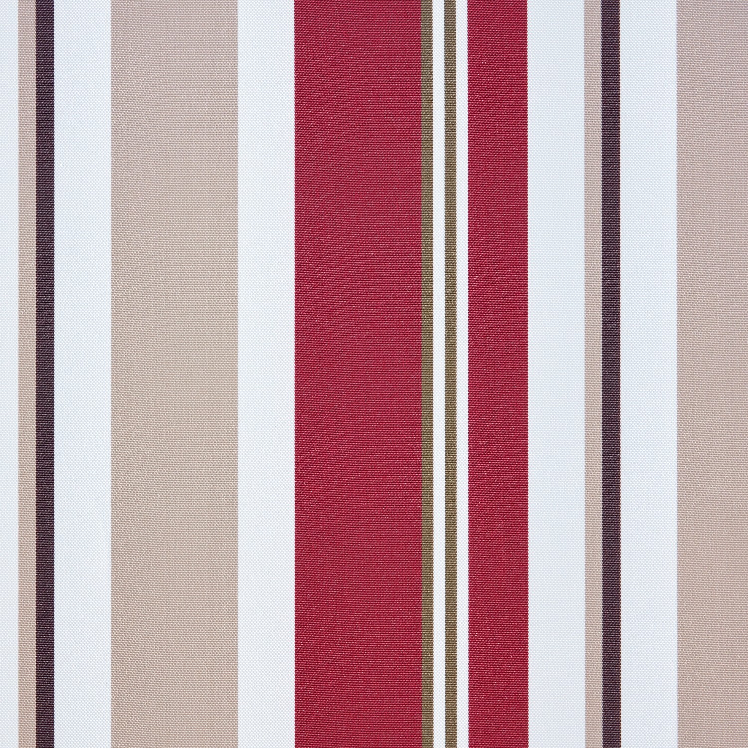 Detailaufnahme der Gelenkarmmarkise Aventura mit Streifen in Bordeaux, Beige und Weiß.