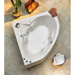 Weißer Ottofond Whirlpool Cascade 140x140 mit Schwallarmatur, Eckbadewanne mit Massagedüsen.