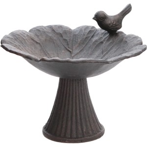 Dunkelbraune Vogeltränke in Blütenform mit Vogel aus Gusseisen, 18,5 cm, Gartendekoration.