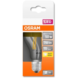 Osram LED E27 Leuchtmittel in Glühlampenform, 7W, 650lm, warmweiß, für stimmungsvolle Beleuchtung.