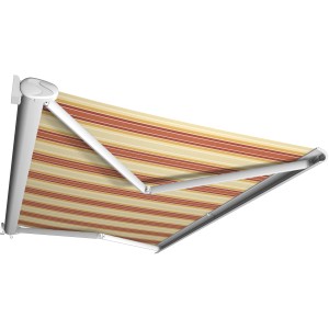Kassettenmarkise Perform, 300x200 cm, weißes Gestell, rot-orange gestreiftes Tuch.