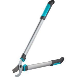 Gardena EasyCut 680 B Astschere mit silbernen Hebelarmen und blau-schwarzen Griffen.