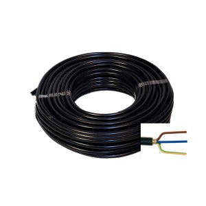 Schwarzes Emskabel Erdkabel NYY-J 3 x 2,5 mm², 25 m Rolle mit Detailansicht der Adern.