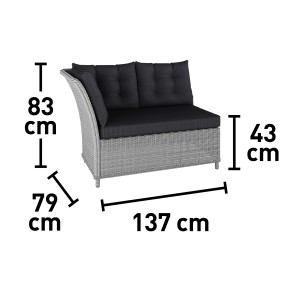 Detailaufnahme Lounge-Set Madison, 4-teilig, Polyrattan weiß-grau, mit Maßangaben.