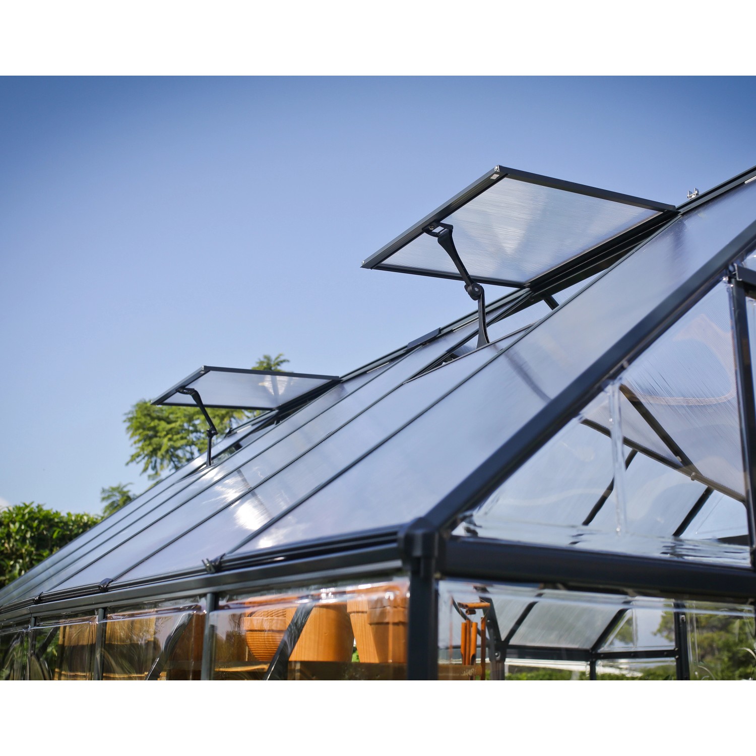 Detailaufnahme des Palram Canopia Victory Orangerie Gewächshauses mit geöffneten Lüftungsfenstern.