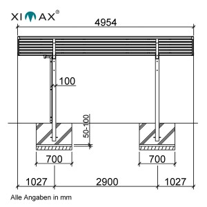Technische Zeichnung: Ximax Alu Doppelcarport Linea Typ 60, Maße und Details zur Sonderfertigung.