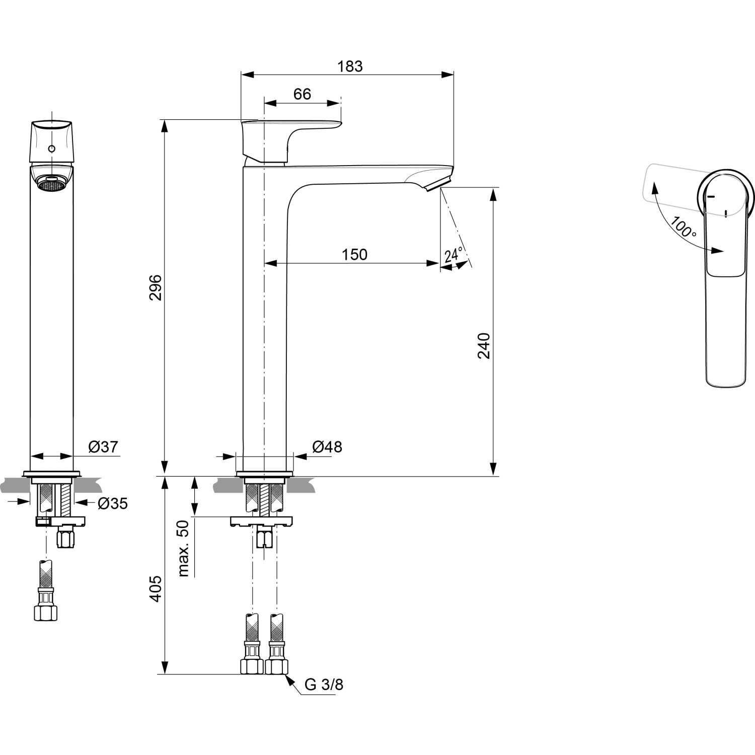 Technische Zeichnung: Ideal Standard CAir BlueStart Waschtischarmatur, Chrom, Maße und Details.