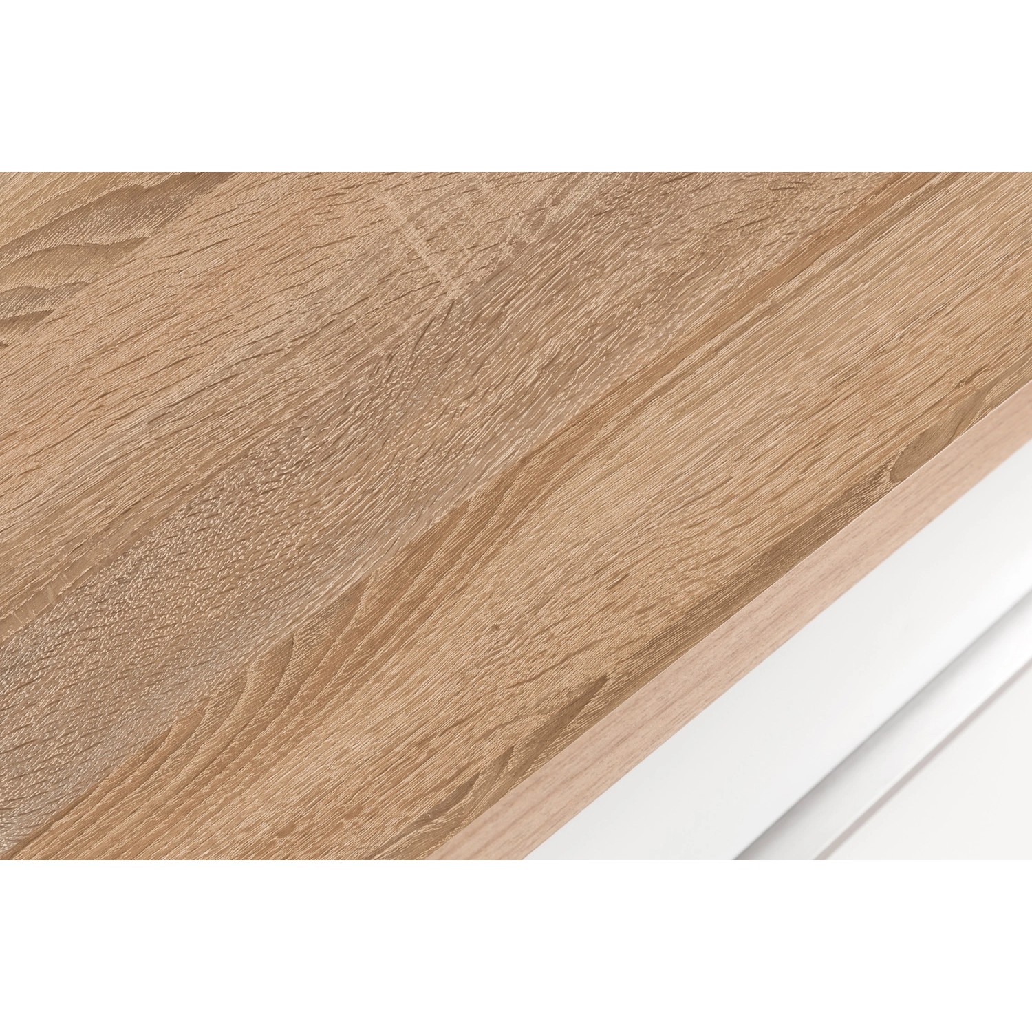 Detailaufnahme: Arbeitsplatte Eiche Dekor der Held Möbel Küchenzeile Mailand, Weiß Hochglanz.