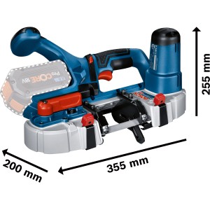 Bosch Professional GCB 18V-63 Akku-Bandsäge (Solo) in Blau und Silber mit Maßangaben.