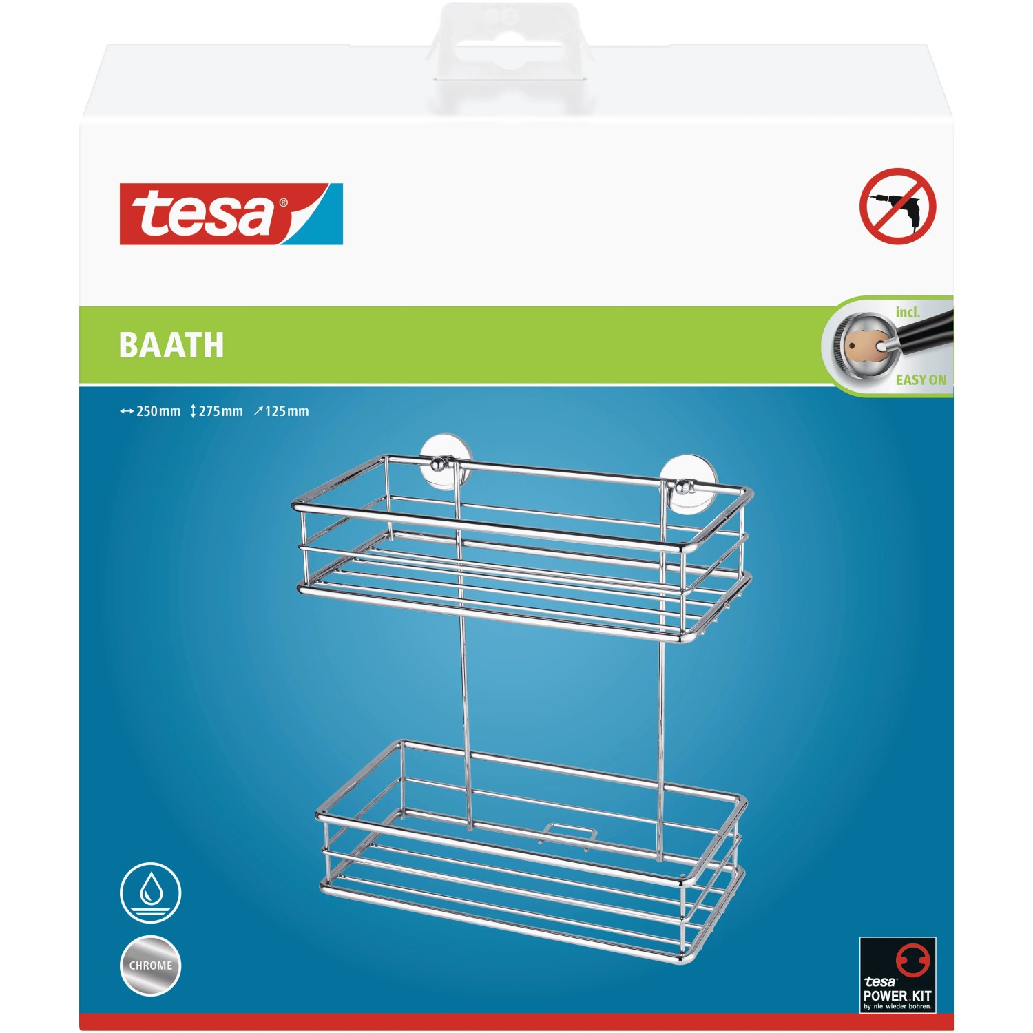Tesa Duschkorb Baath Plus, zweistöckig, verchromter Edelstahl, zur Wandmontage ohne Bohren.