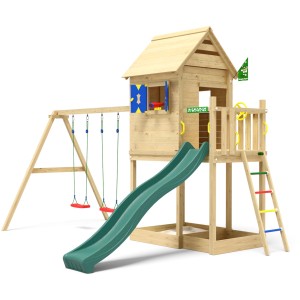 Jungle Gym Spielturm Holz Hideout Dach 2 Schaukeln Fensterl. Rutsche Dunkelgr.