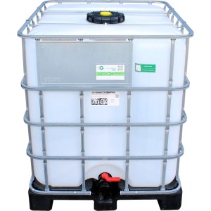 Weißer IBC Tank 1000 l auf schwarzer Kunststoffpalette mit verzinktem Stahlrahmen und rotem Hahn. Für Wasser.